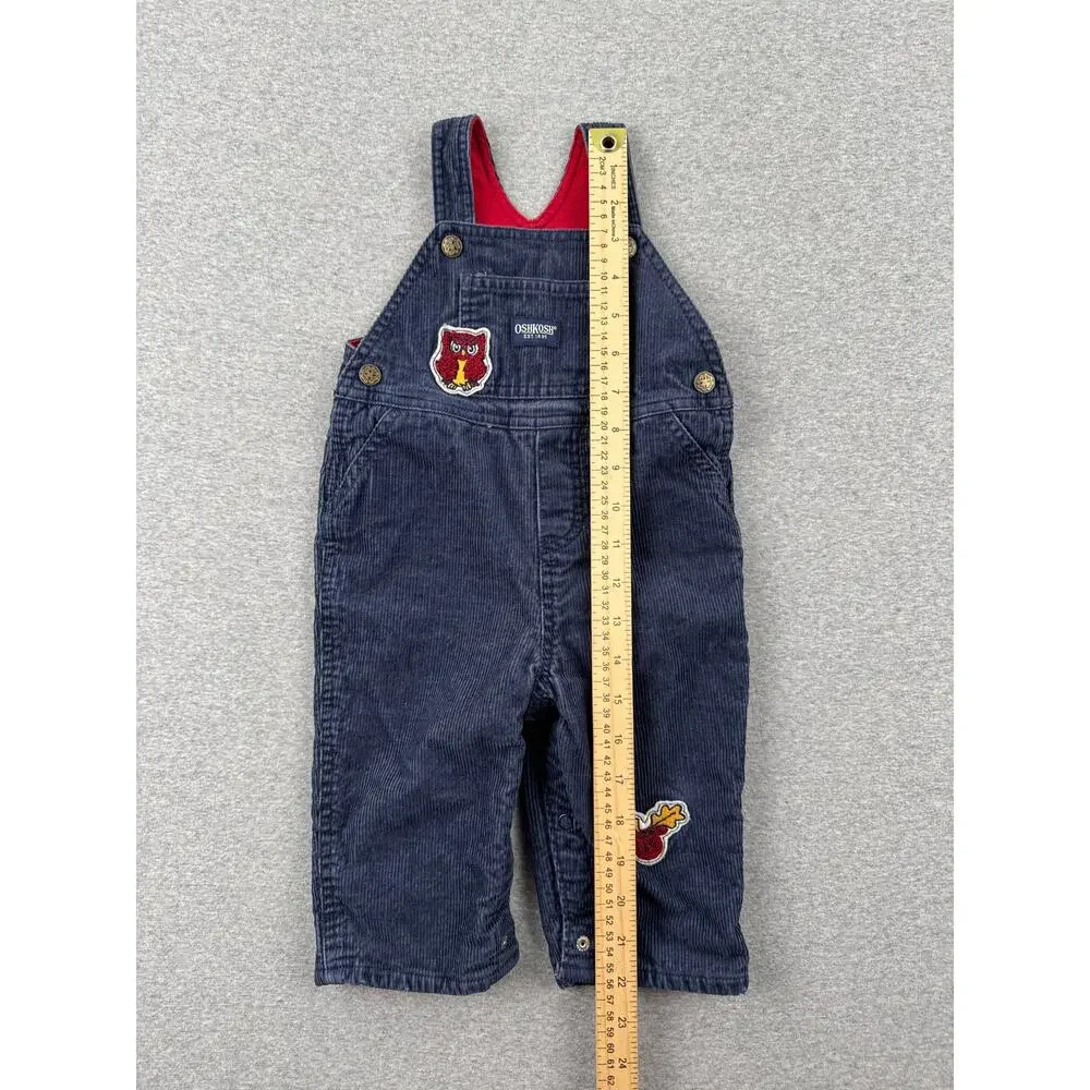 Vintage OshKosh Baby Corduroy Overalls 6/9 Months Navy Blue Owl Moose Patch